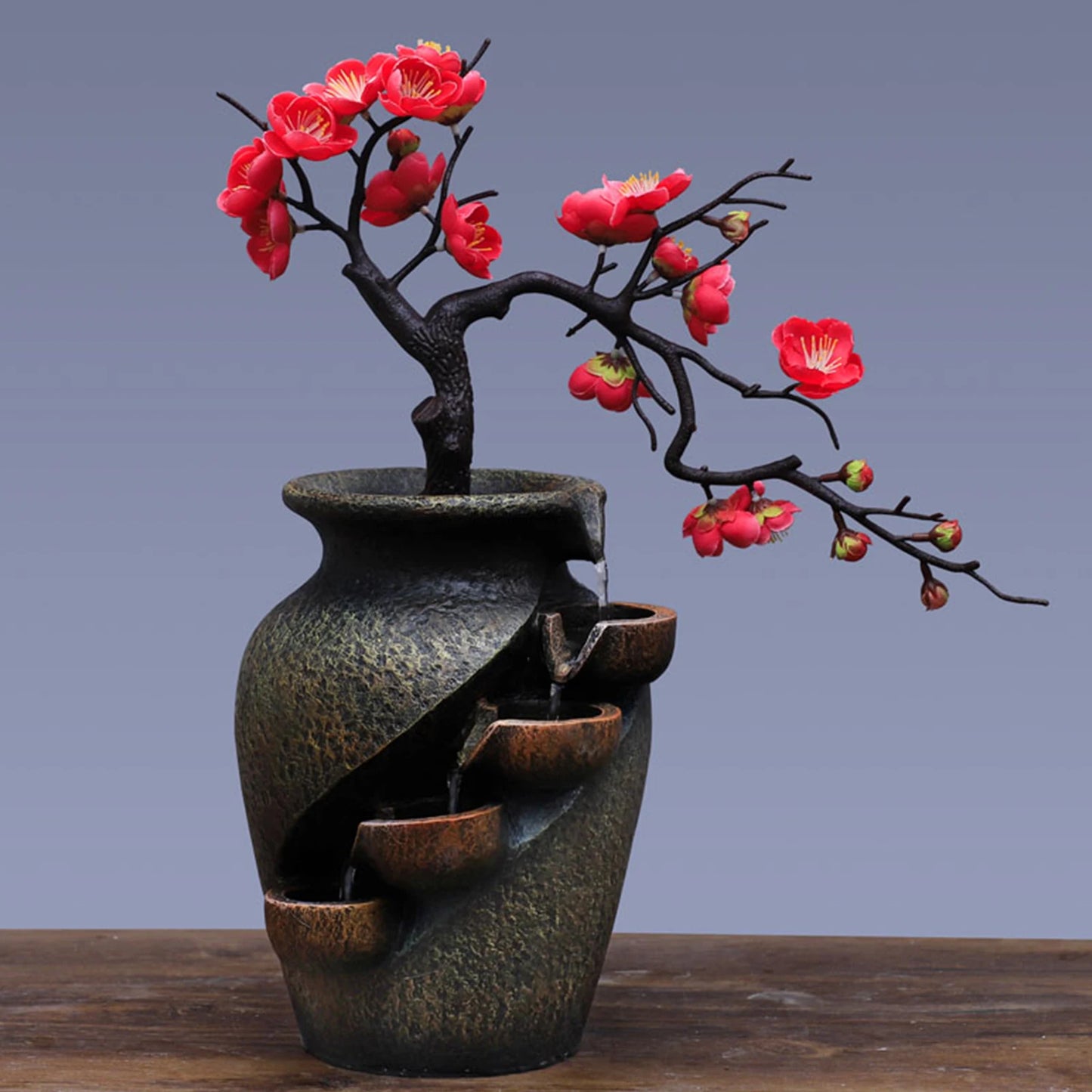 Fountain with Rock Led Light Mist Mini Fountain Water Humidifier Relaxation Retro Zen Resin Vase