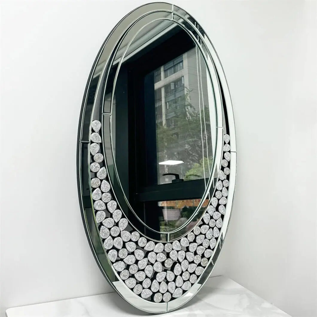 Modern Decor Mirror Wall Elliptical Vanity Mirror w Diamonds Crystal Frame for Home any Room