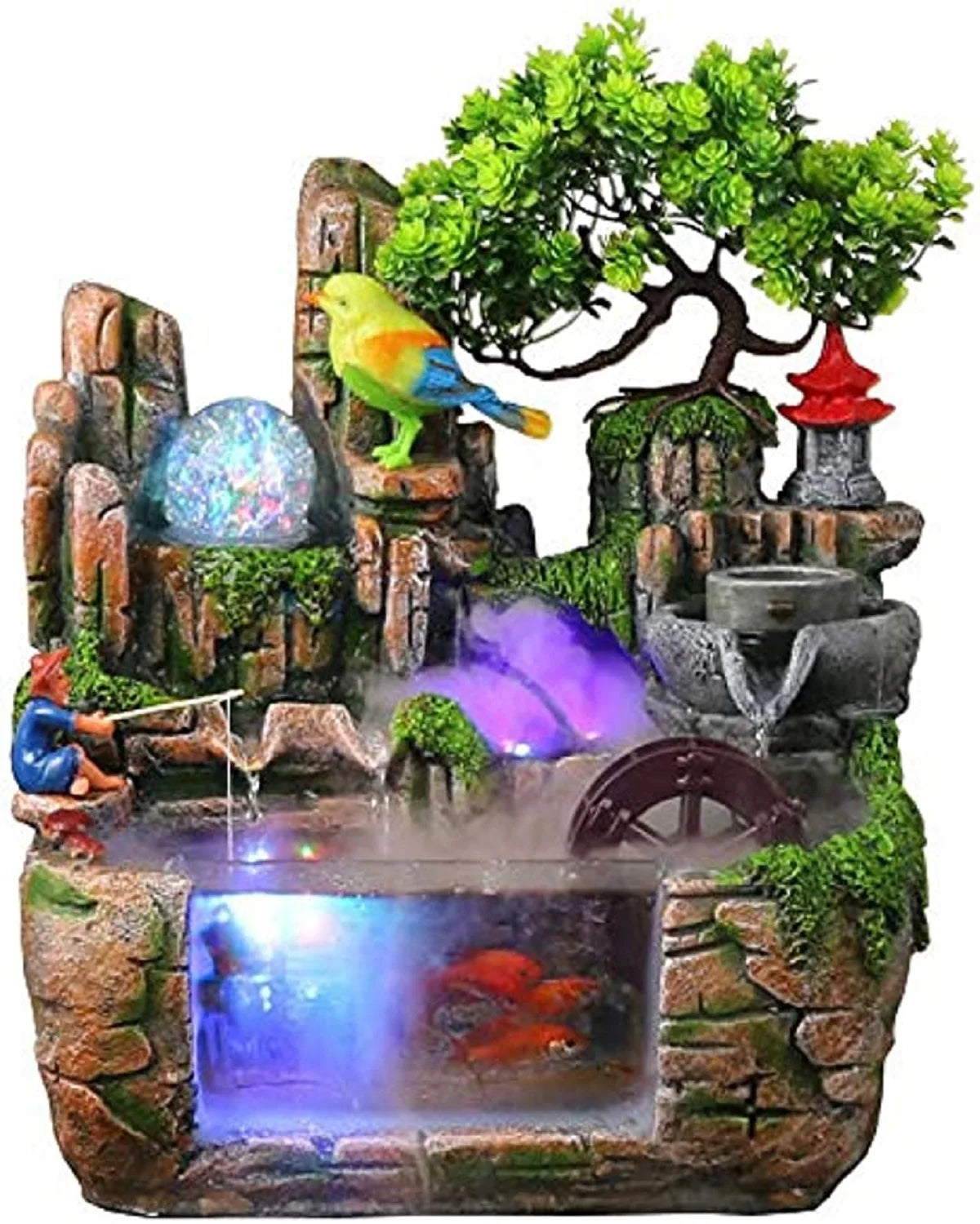 Fountain Waterfall with Rockery Indoor Relaxation with Light Bird & Fisherman for Home
