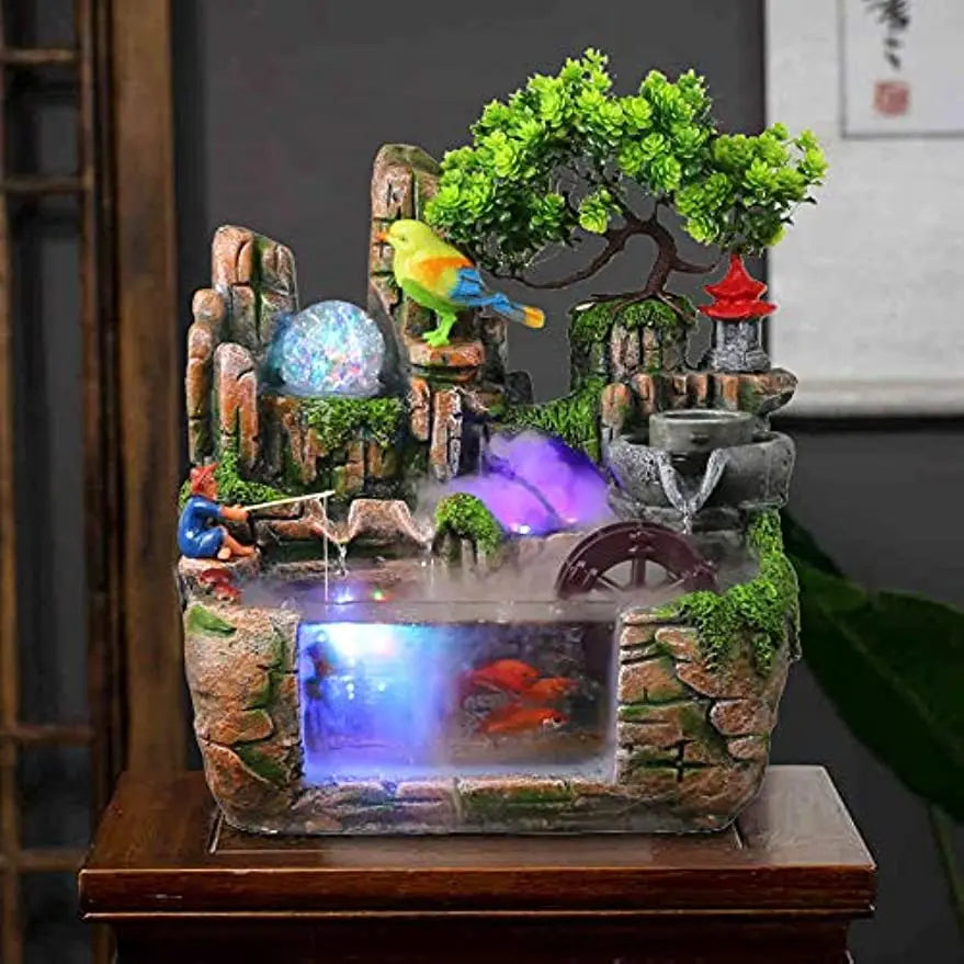 Fountain Waterfall with Rockery Indoor Relaxation with Light Bird & Fisherman for Home