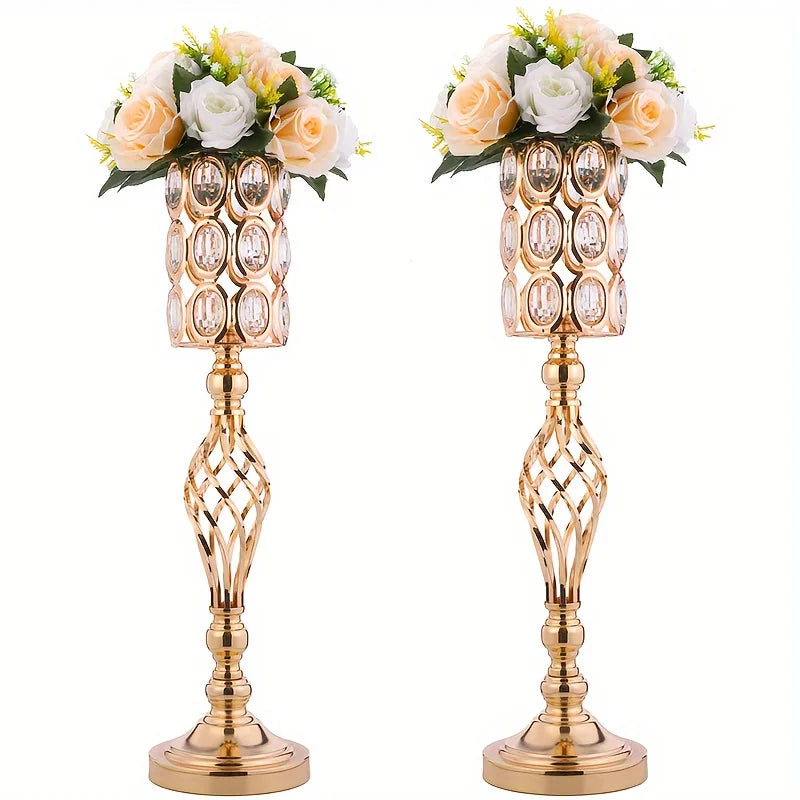 2/10 Piece Metal Diamond Crystal Vase, 24 Inch Gold Multi-Purpose Flower Stand, for All Occasions