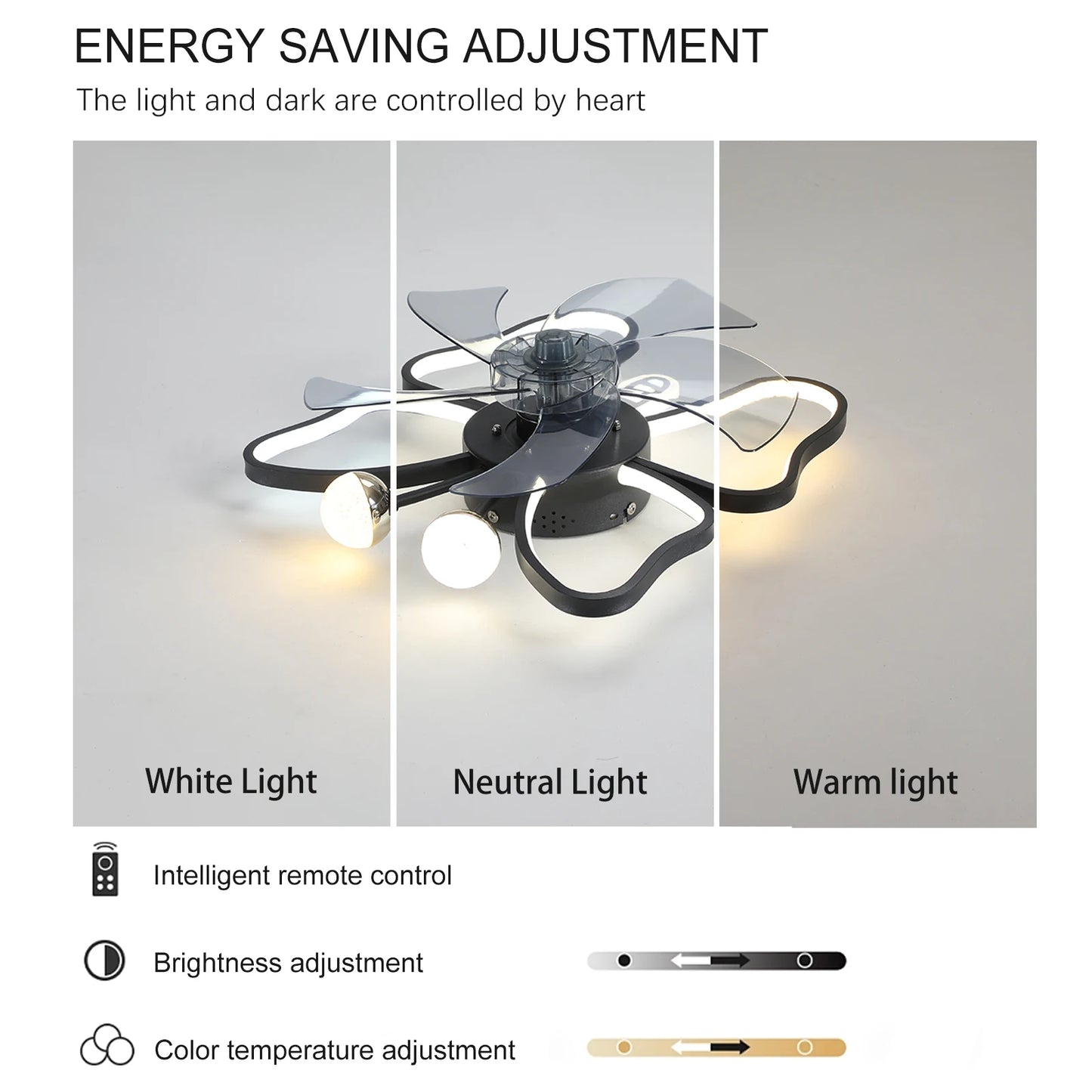 Modern Ceiling Fan with Lights Transparent Blade LED Adjustable Lamp,6-Speed Remote Control ,Stylish Low-Profile Design