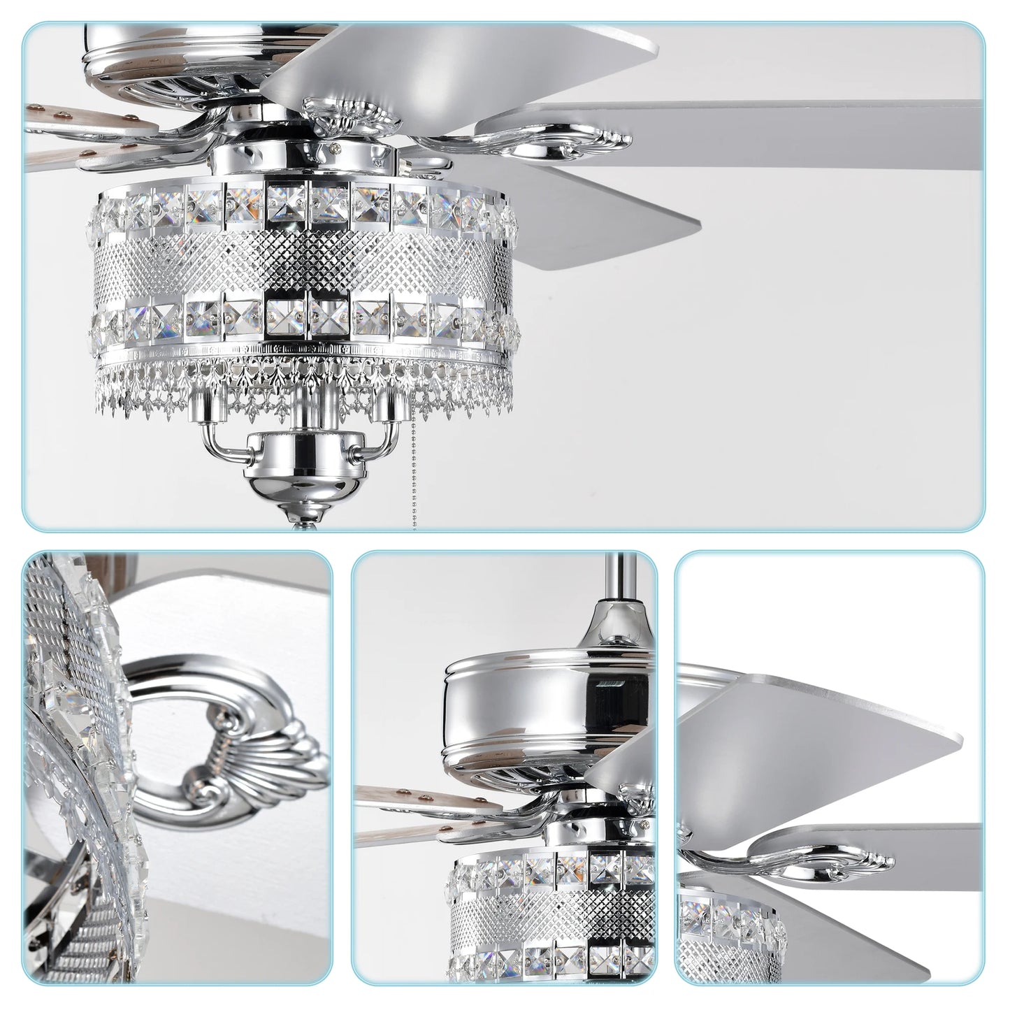52'' Classical Crystal Ceiling Fan Lamp 5 Reversible Blades Stylish for Any Room