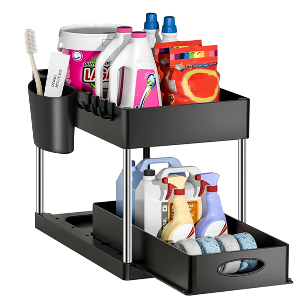 2 Tier Under Sink Organizer Sliding Cabinet Basket Storage Rack with Hooks Hanging Cup