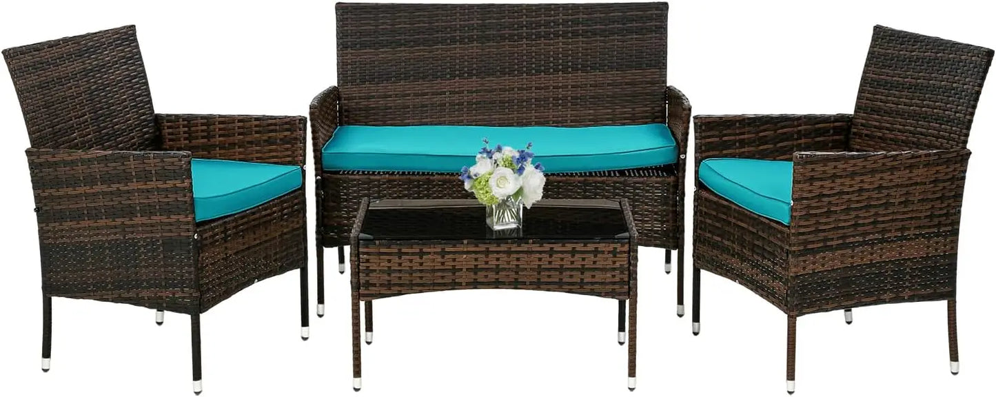 4 Pieces Patio Rattan Outside Furniture Wicker Sofa Garden Sets with Soft Cushion and Glass Table