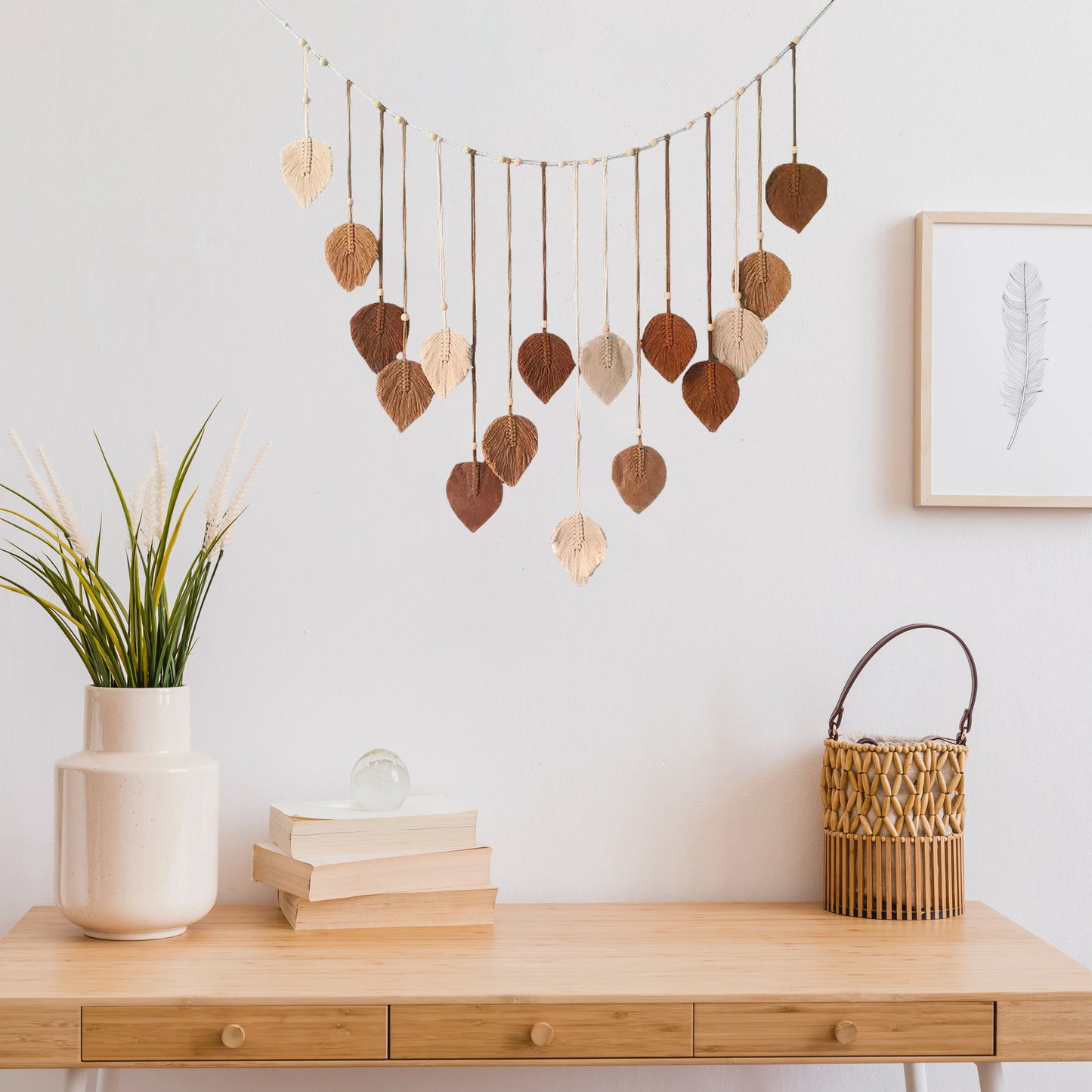 Macrame Tapestry Leaf Hanging Decor for Living Room Bedroom, Boho Wall Art