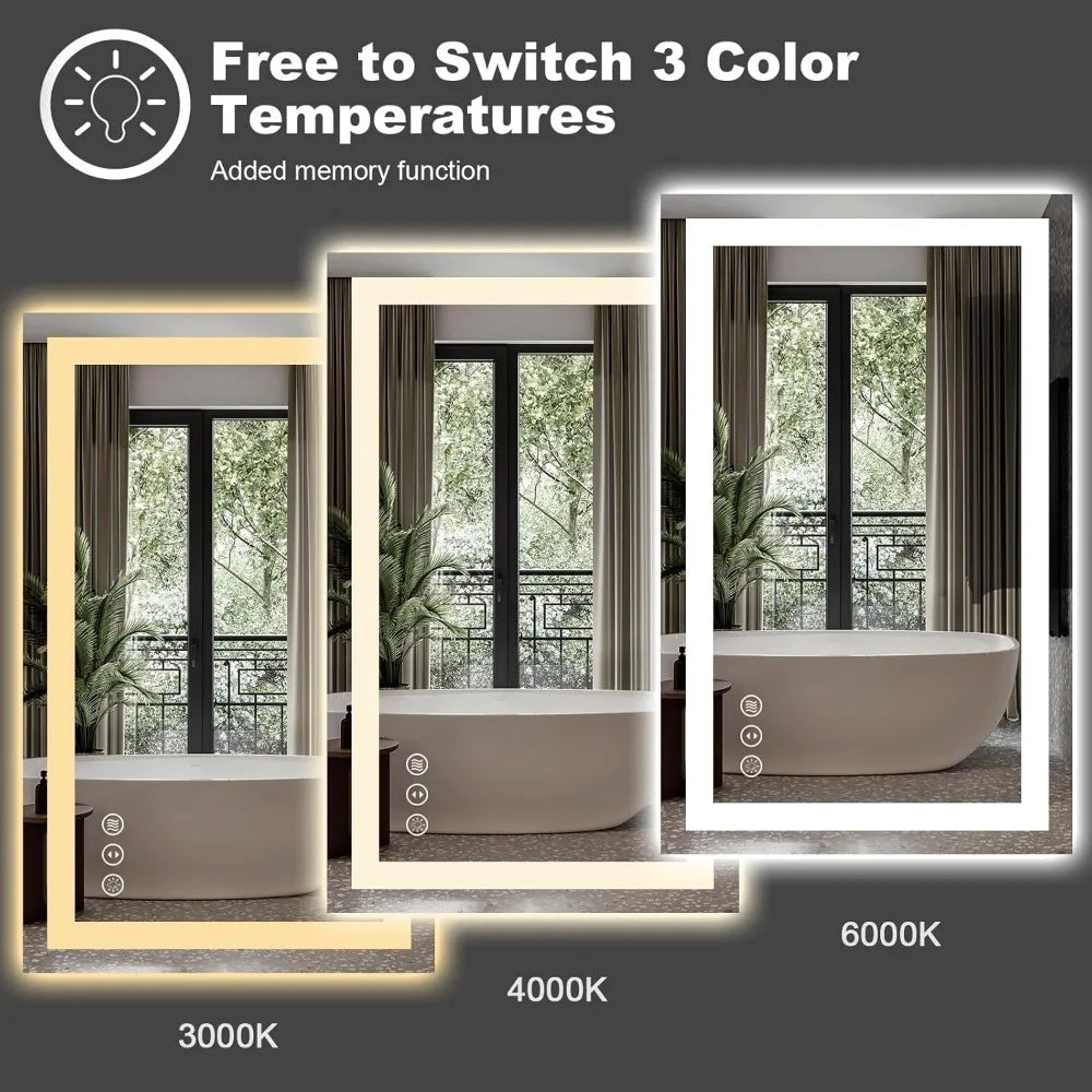 LED Mirror with Front and Backlight, Dimmable Wall Mirrors with Anti-Fog, Shatter-Proof, Memory, 3 Colors