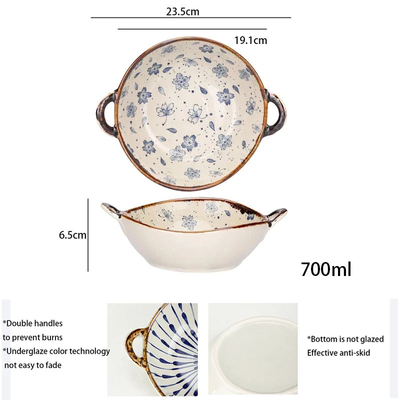 YWDL 700ml Ceramic Salad Bowl With Handle Kitchen Soup, noodles, and fruit Japanese Tableware Microwave Pan