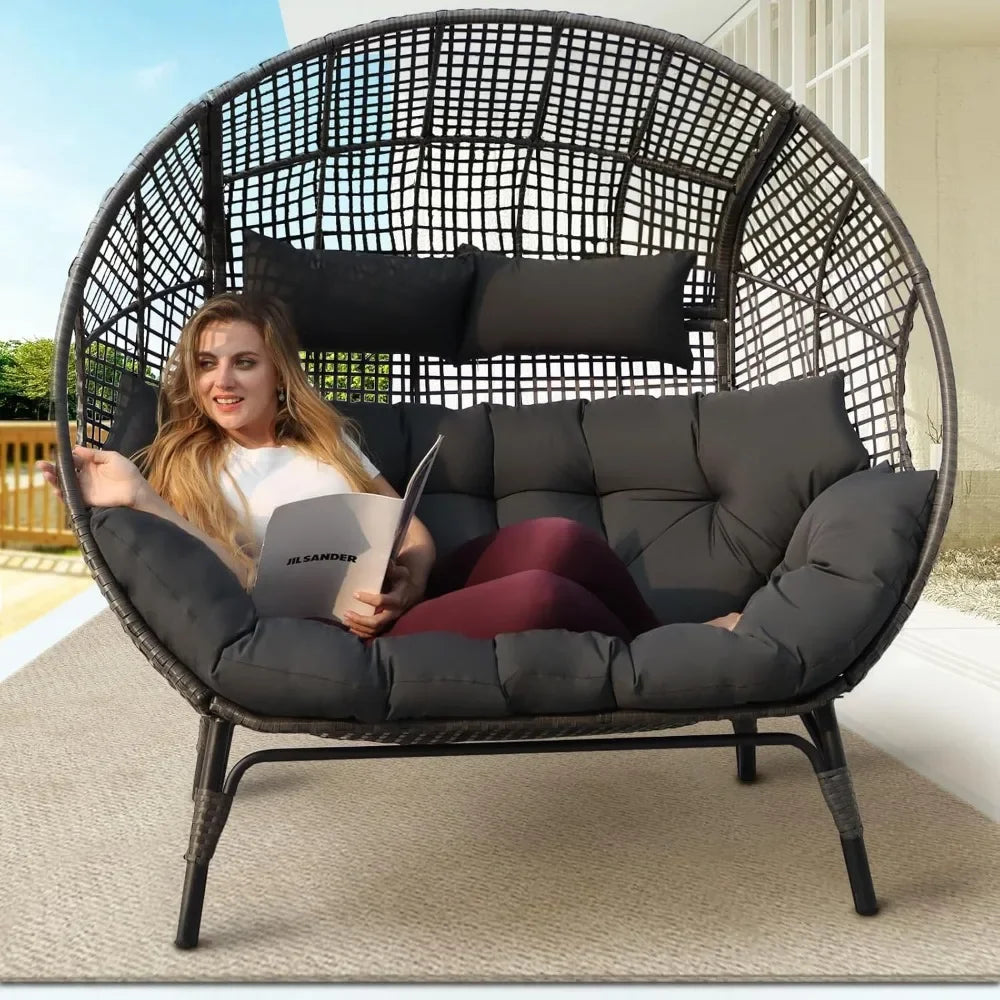 Double Egg Chair Indoor Outdoor 2 Person Grey Wicker Oversized Chair with Dark Grey Thick Cushion