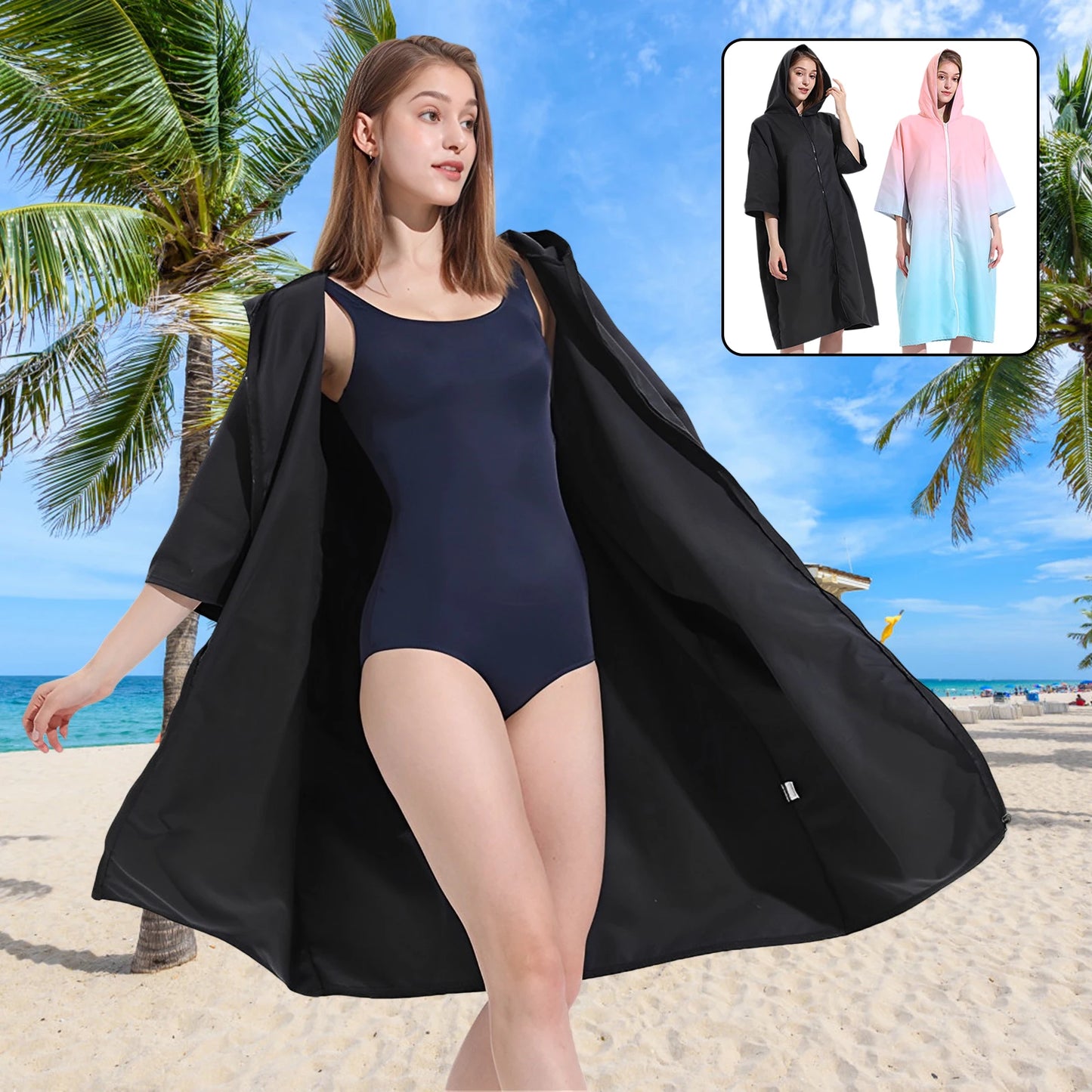 Robe with Hood Microfiber Towel Poncho with Zipper Short Sleeve Poncho Quick Dry