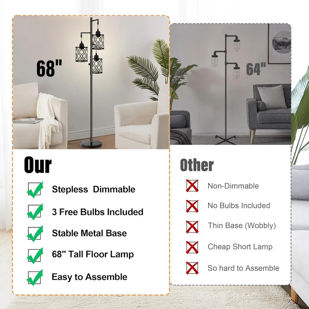 Dimmable Farmhouse Floor Lamp, 3 X 6W LED Bulb, 3 Light Stand Lamp for All Rooms
