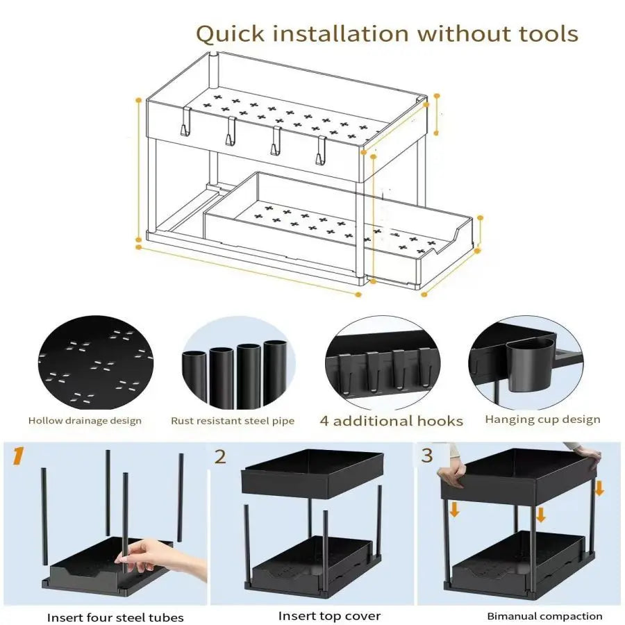 Pull-Out Pantry Multi-Tier Adjustable Storage Shelf for Spices Utensil Under Sink Cabinet Countertop