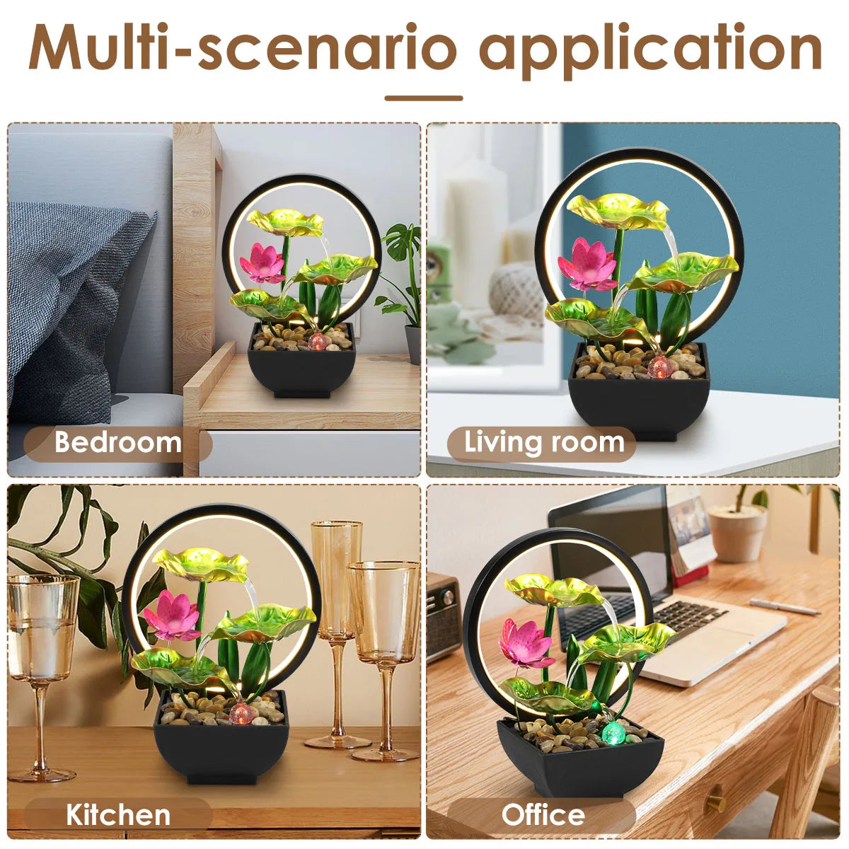 Water Fountain USB Powered Relaxation Desktop Waterfall With Natural Rocks And LED Ring Lights