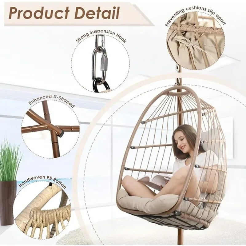 Hanging Chair with Stand Outdoor Swing Water Resistant Cushions Rattan Wicker Chair Foldable Basket