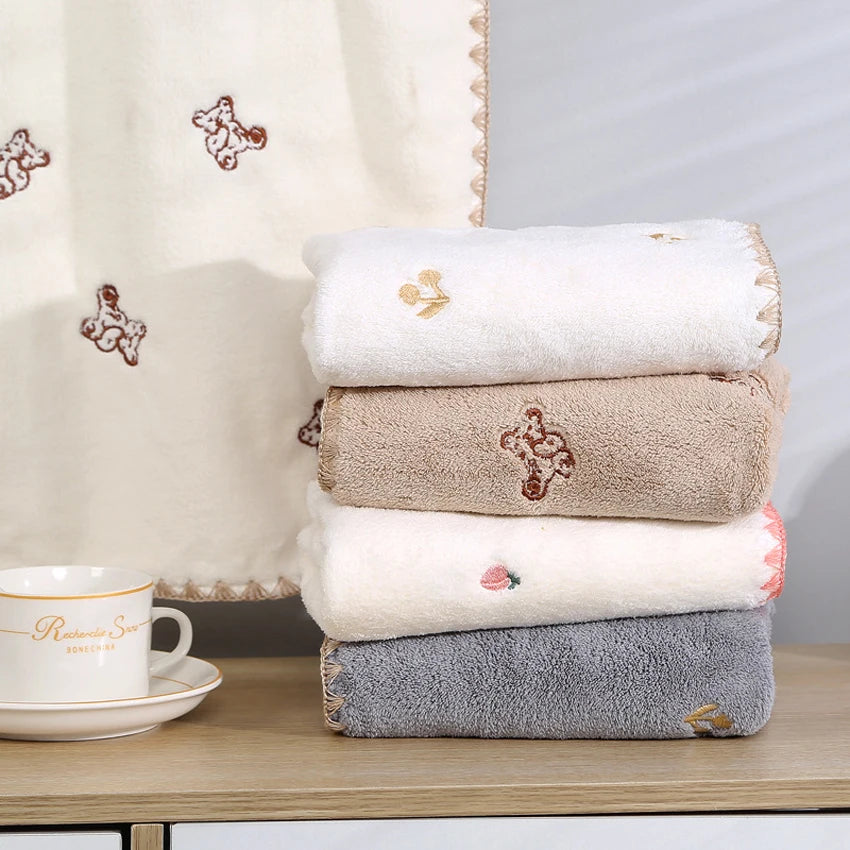 Soft Coral Towels Set Peach Bear Cherry Embroidered Face Bath Towel Super Absorbent