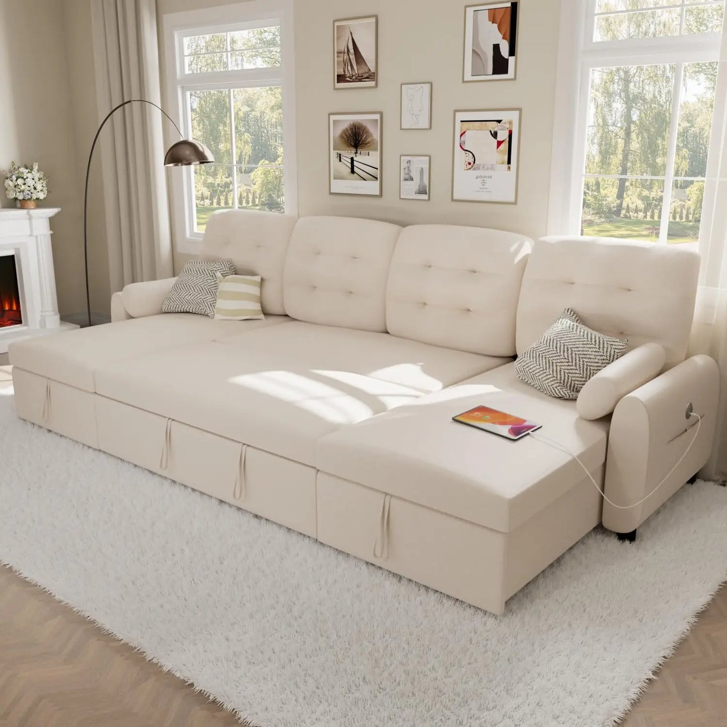 Sectional Sofa Couch Sleeper Sofa Bed with Reversible Storage Chaise Pull Out Couch with side Pocket