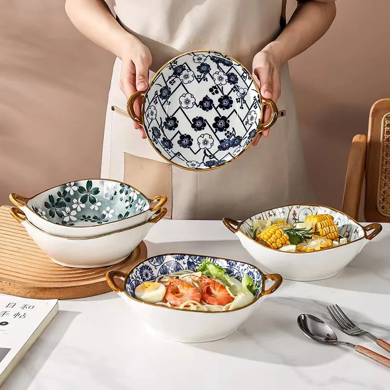 7.5inch Ceramic Ramen Bowl With Handle Japanese Style Flower Heat-resistant Soup Bowl Microwave Safe