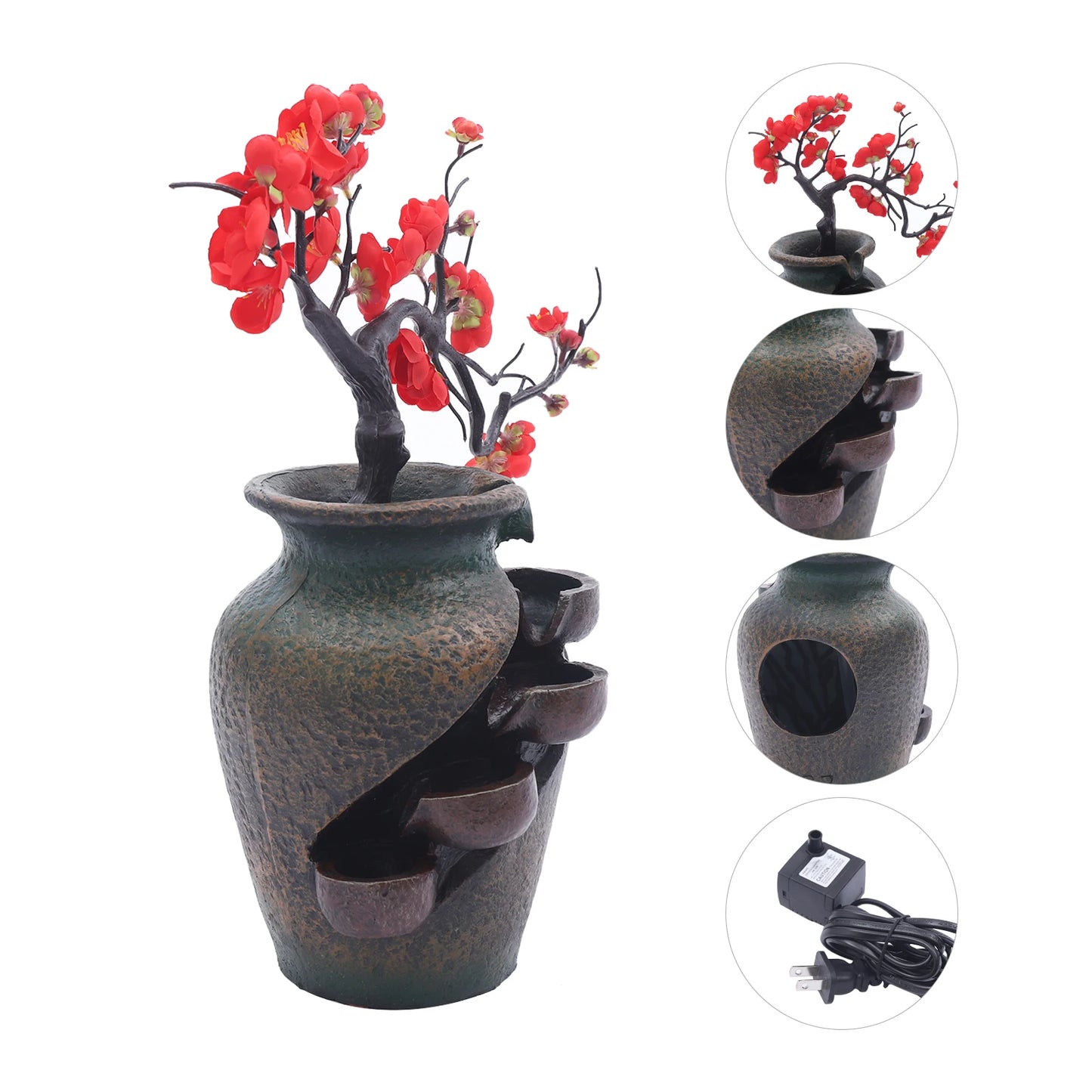 Fountain with Rock Led Light Mist Mini Fountain Water Humidifier Relaxation Retro Zen Resin Vase