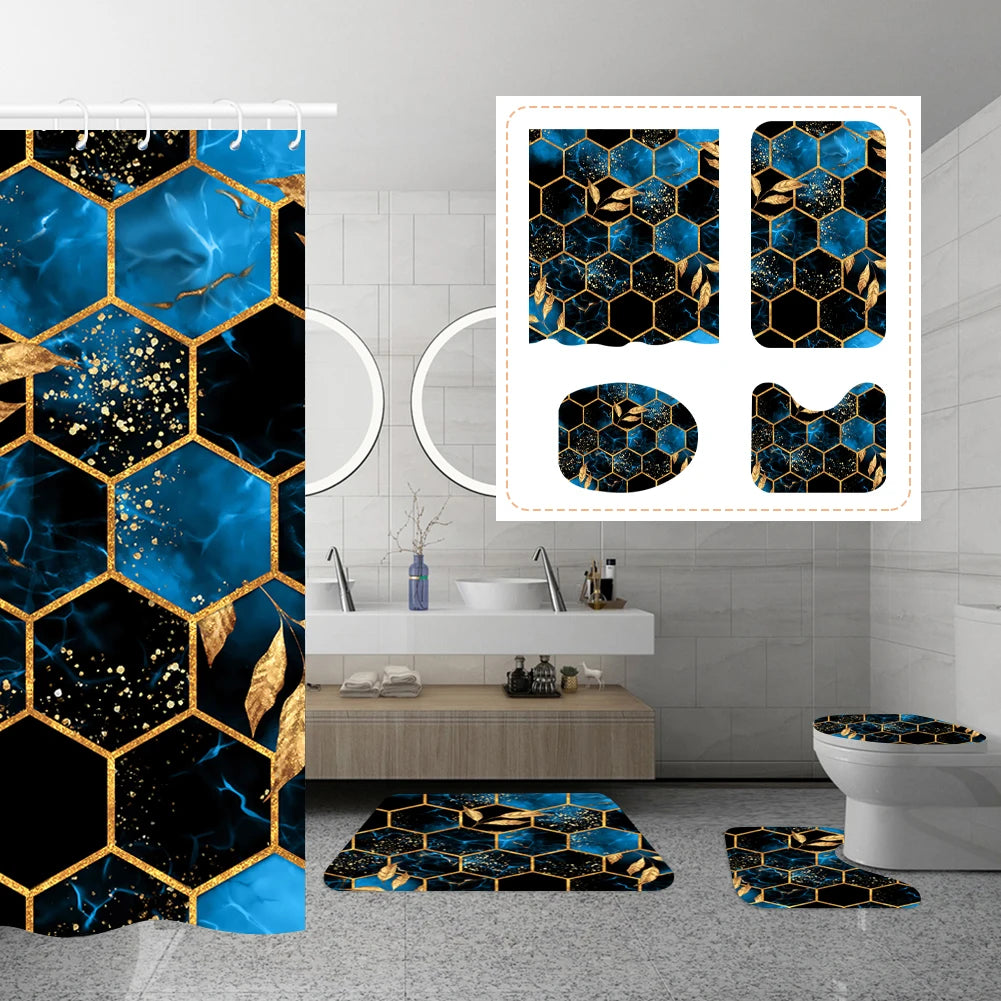 4PCS Flower Shower Curtain Set with Non-Slip Rugs, Toilet Lid Cover and Bath Mat Waterproof Bathroom Decor
