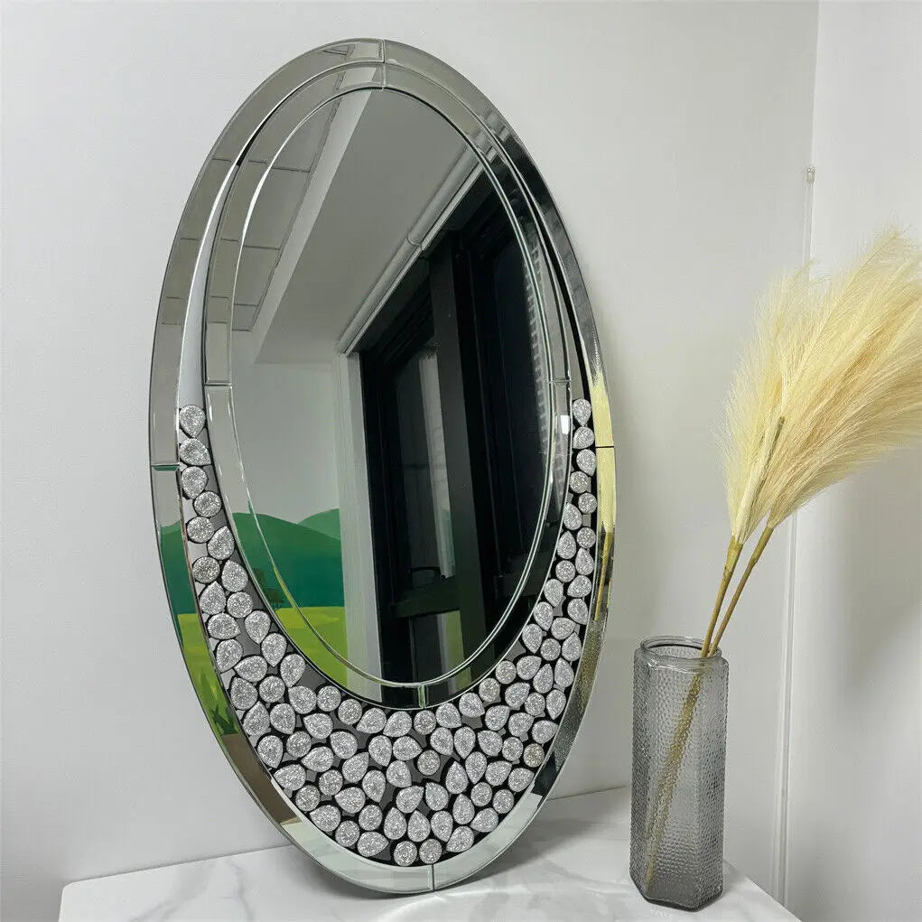 Modern Decor Mirror Wall Elliptical Vanity Mirror w Diamonds Crystal Frame for Home any Room