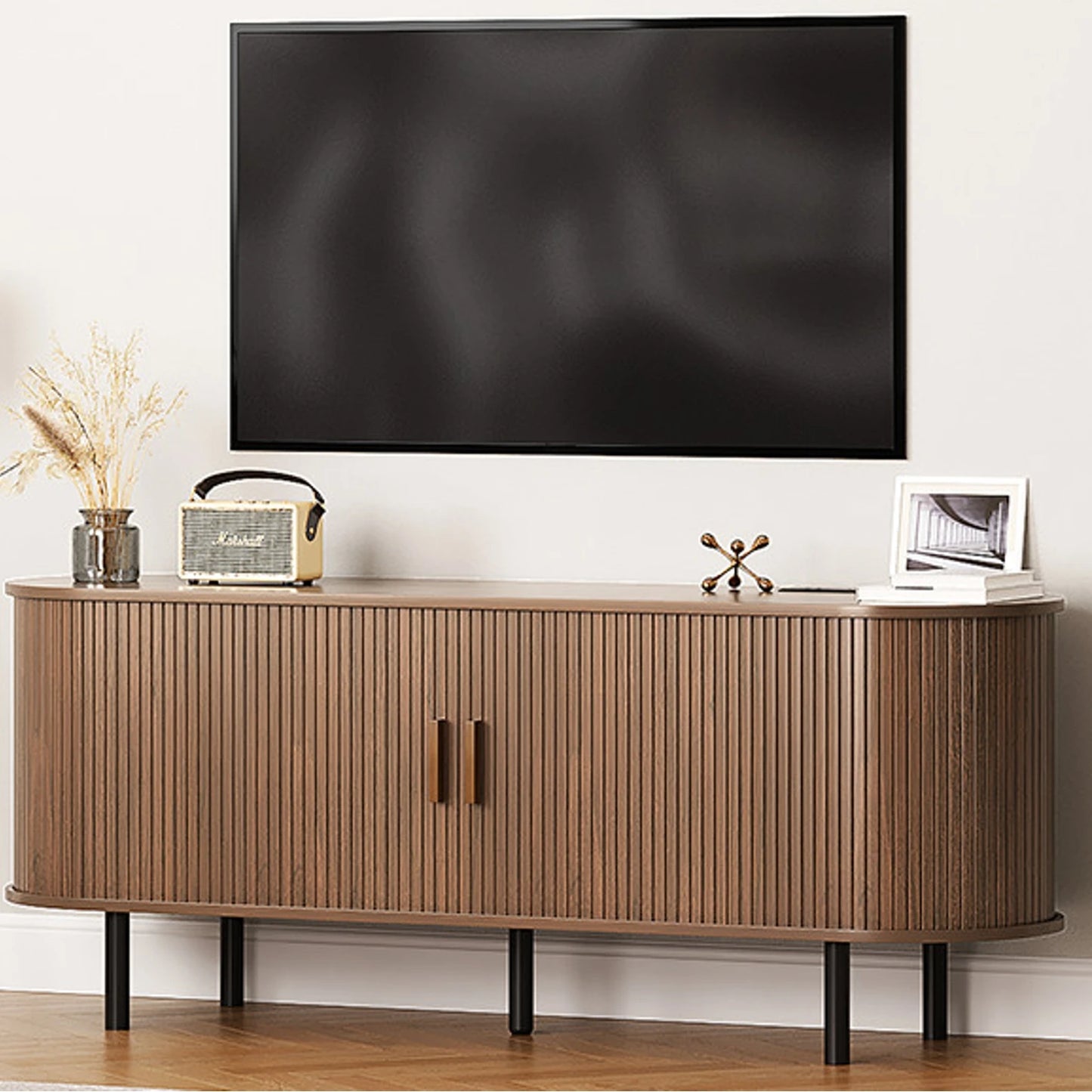 TV Stand Living Room Furniture with Power Outlet for TVs up to 60/70" Table with Sliding Doors Storage Adjustable Shelves