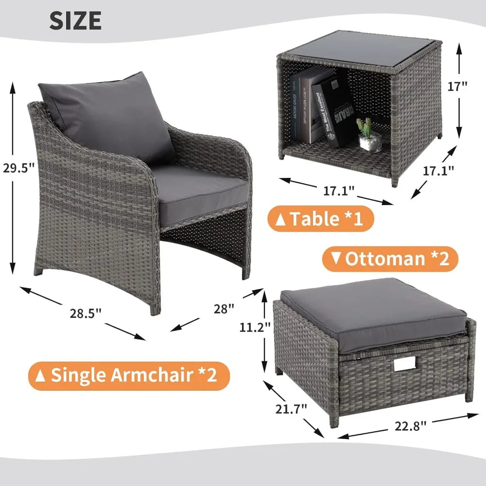 5 Piece Balcony Furniture PE Wicker Rattan Set 2 w/Ottoman cushions Table Patio Chair