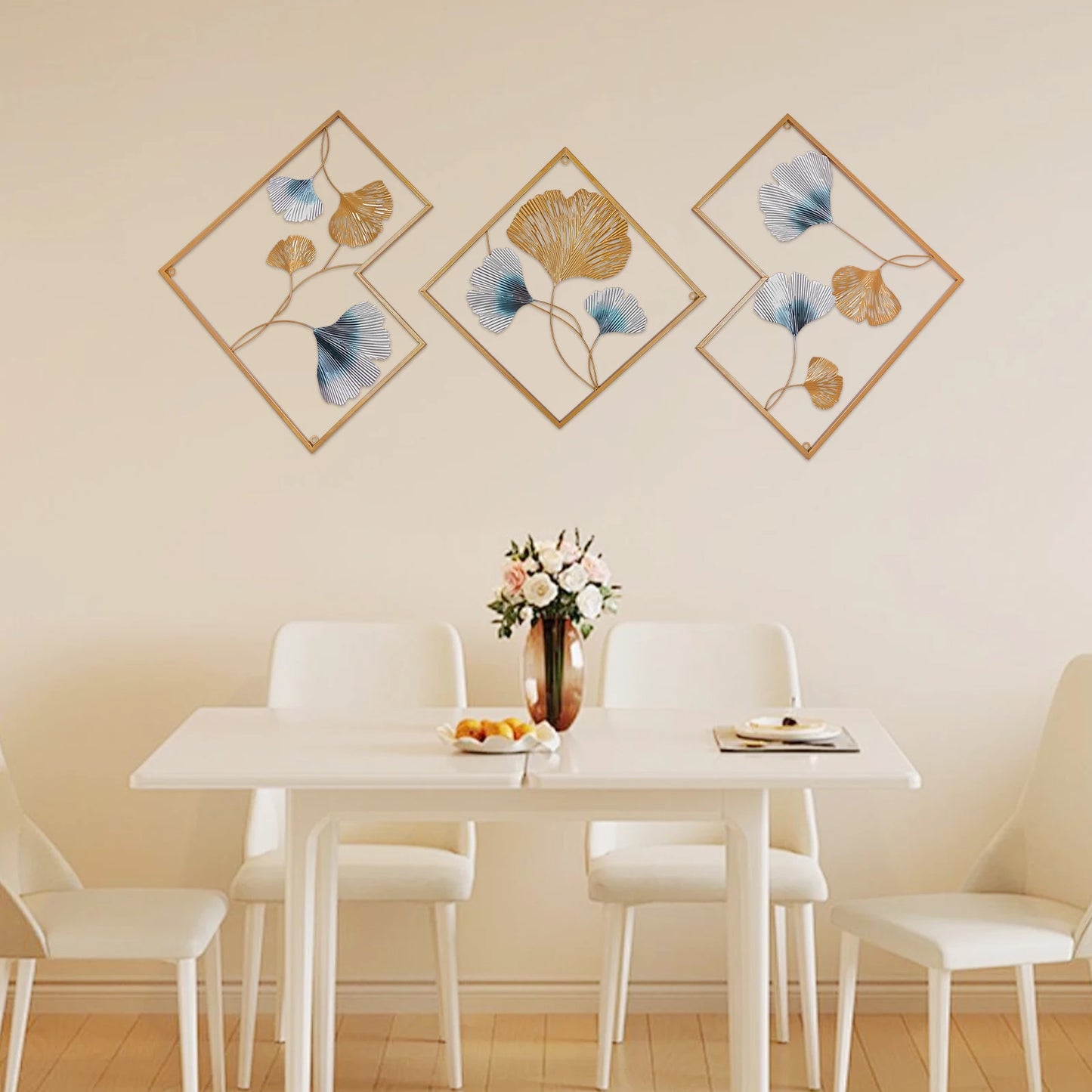 3PCS Metal Wall Art Hanging Sculpture Decor 3D Ginkgo Gold & Blue