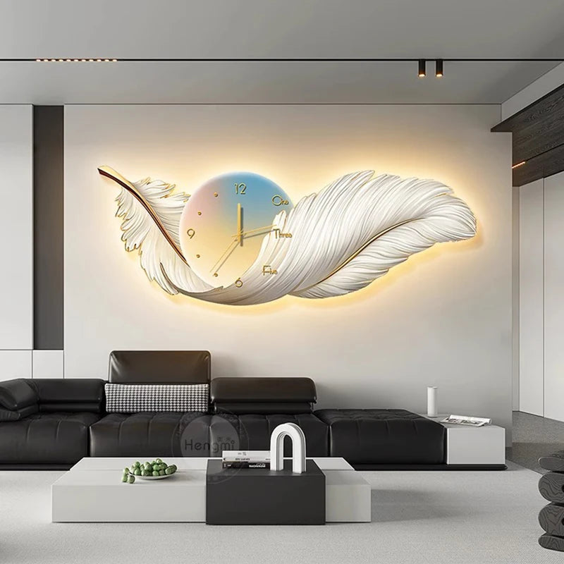 Luxury Living Room Painting Feather Mural with Led Light Painting High-End Sofa Background
