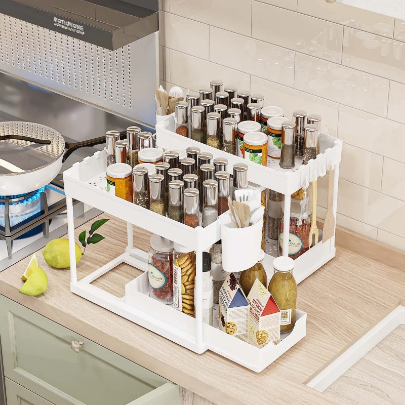 Pull-Out Pantry Multi-Tier Adjustable Storage Shelf for Spices Utensil Under Sink Cabinet Countertop