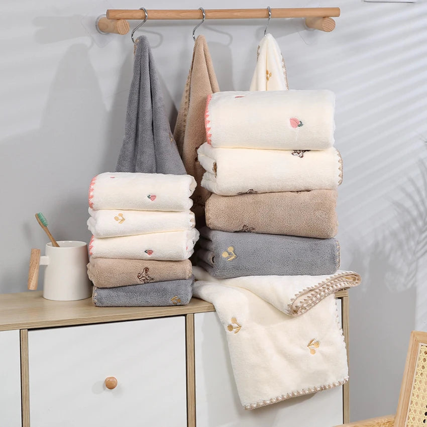 Soft Coral Towels Set Peach Bear Cherry Embroidered Face Bath Towel Super Absorbent