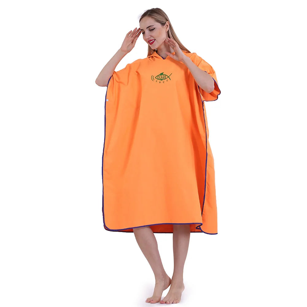 Robe with Hood Microfiber Towel Poncho with Zipper Short Sleeve Poncho Quick Dry