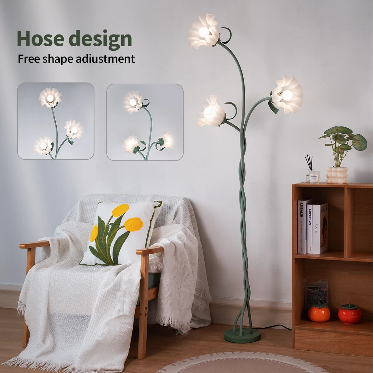 Retro Flower Floor Lamp, Contains Bulb, 3-Color Dimmable, with Flexible Neck Shaft Suitable for all rooms