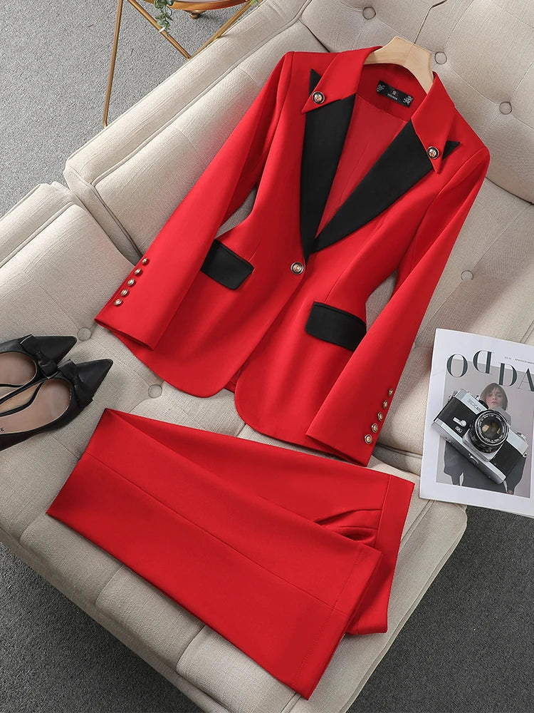 Red Black Beige Women Pant Suit 2 Piece Set Office Ladies Female Business Work Wear Formal Blazer Jacket And Trouser