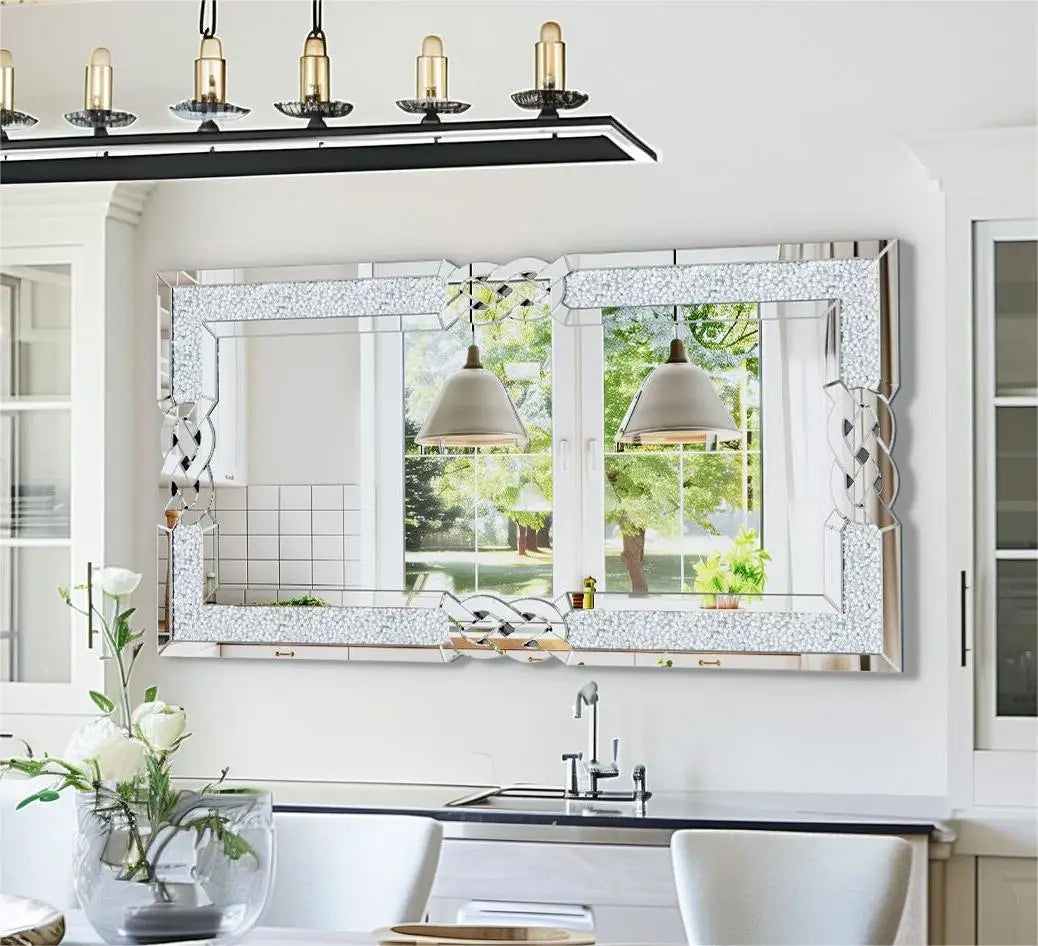 Large Crystal Crush Diamond Mirror Silver Decorative Wall Hang Mirror Beautiful for any Room