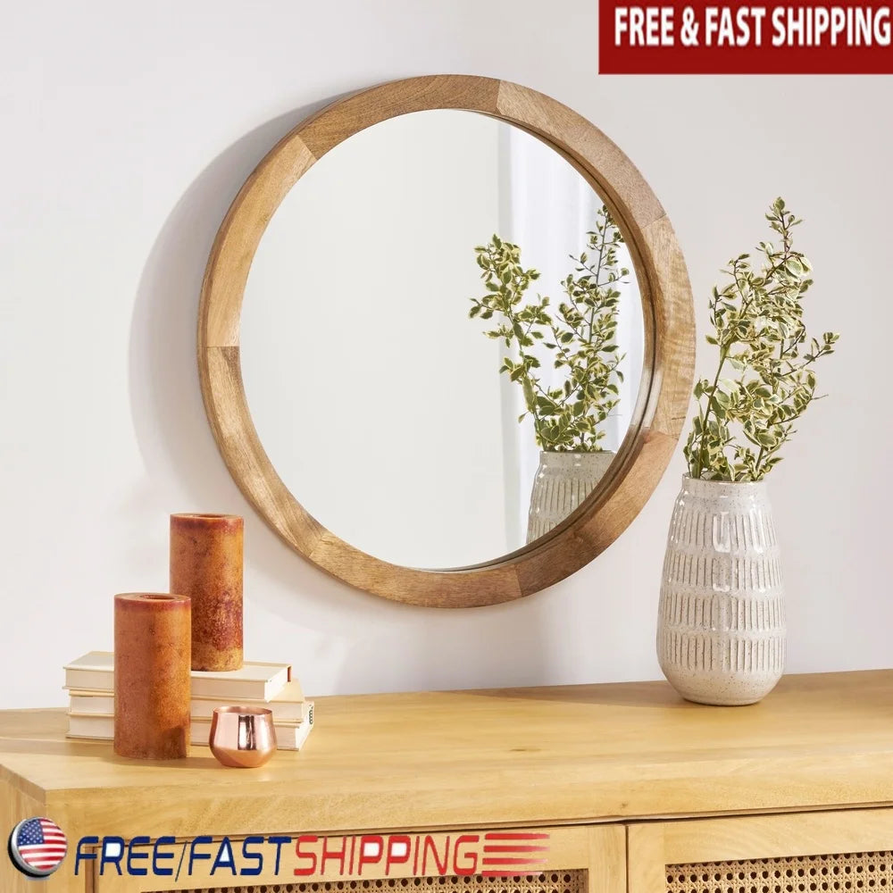 Round Mirror Mango Wood Frame Handcrafted Wall Accent Reflective Surface No Assembly