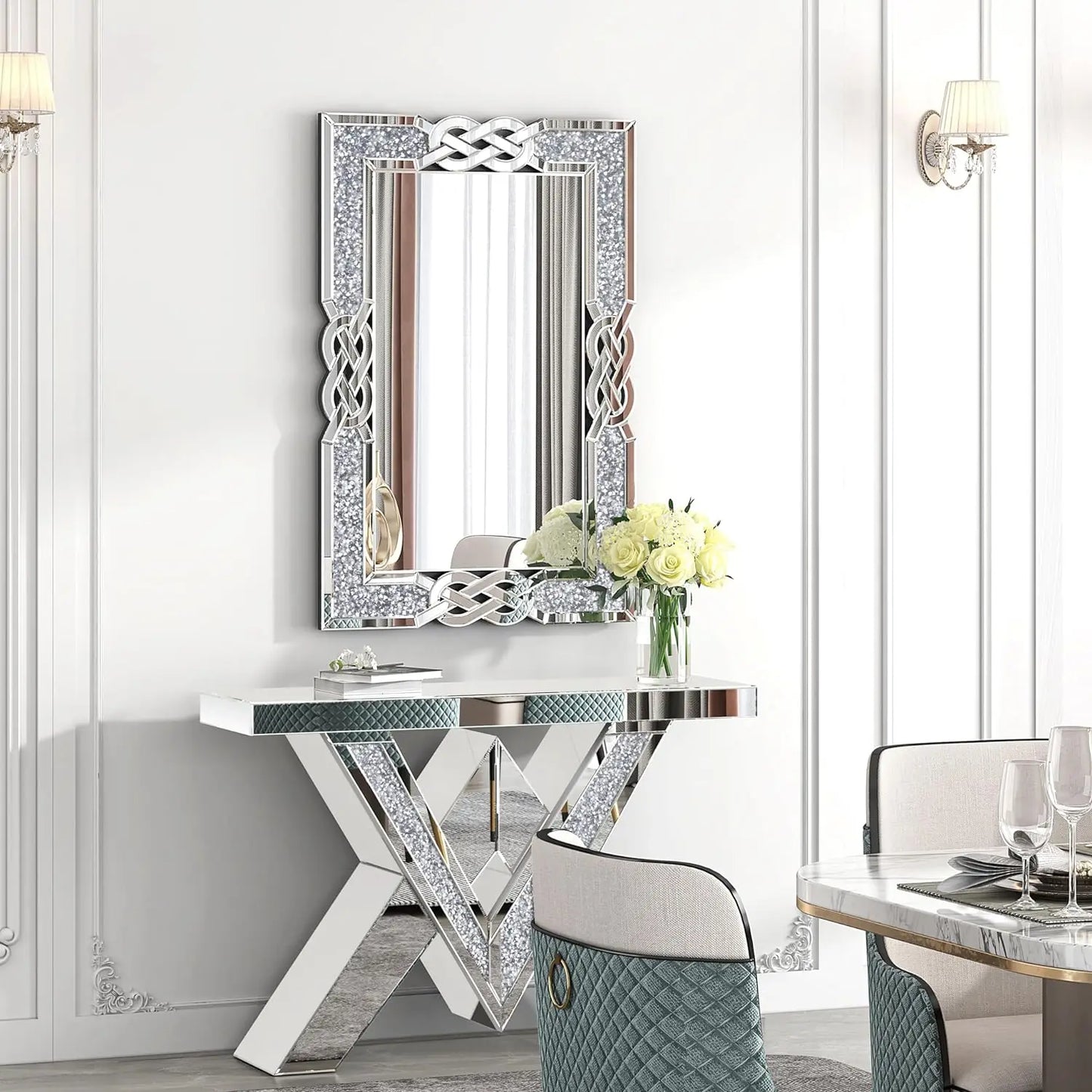 Large Crystal Crush Diamond Mirror Silver Decorative Wall Hang Mirror Beautiful for any Room