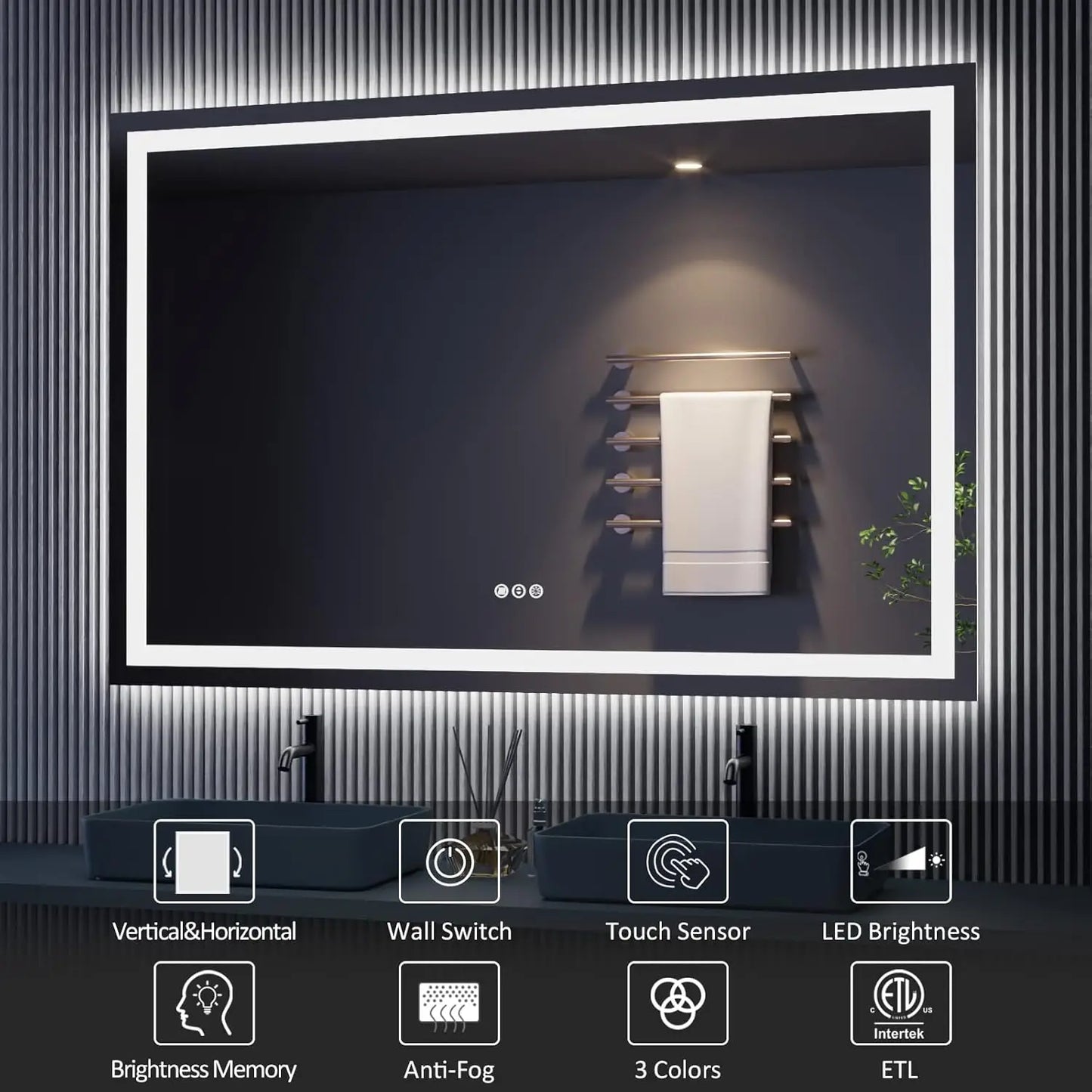 LED Mirror with Front and Backlight, Dimmable Wall Mirrors with Anti-Fog, Shatter-Proof, Memory, 3 Colors