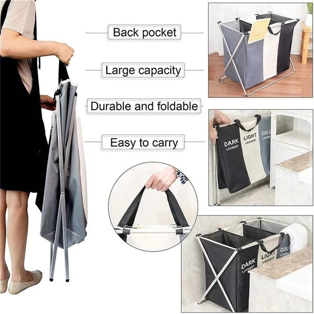 3 Grids Laundry Basket Foldable Dirty Clothes Organizer Waterproof Basket Large Laundry Hamper