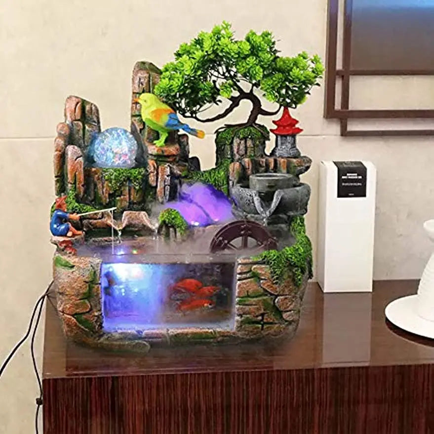 Fountain Waterfall with Rockery Indoor Relaxation with Light Bird & Fisherman for Home