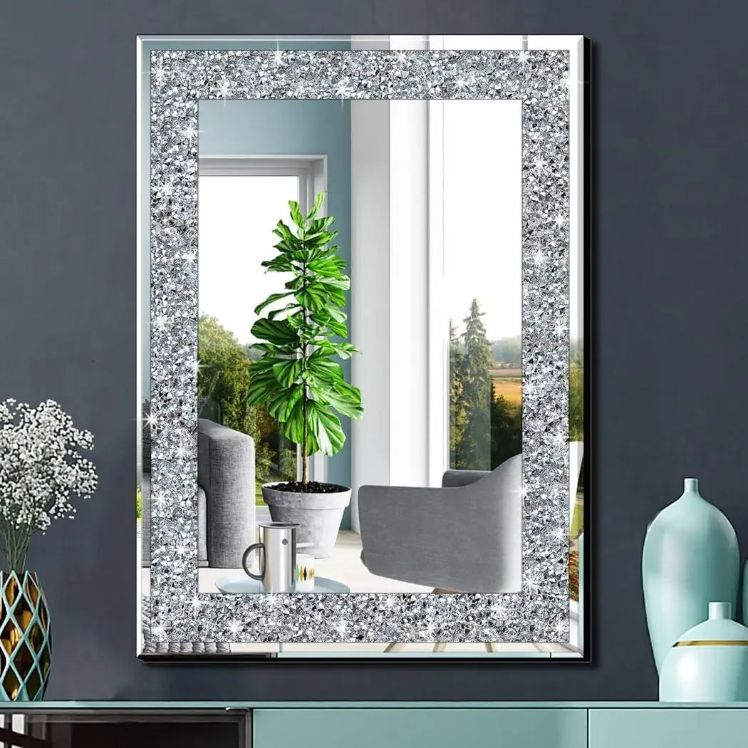 Crystal Diamond Rectangle Wall Decor Frameless Mirror Silver Acrylic Decor Sparkle Twinkle Bling