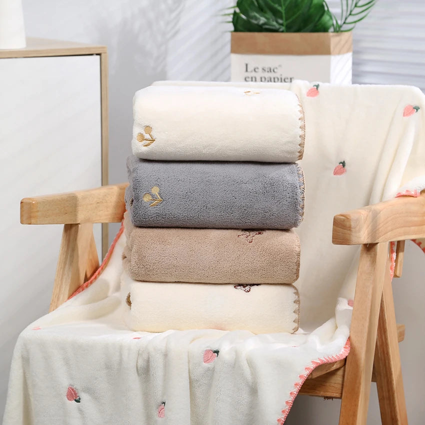 Soft Coral Towels Set Peach Bear Cherry Embroidered Face Bath Towel Super Absorbent