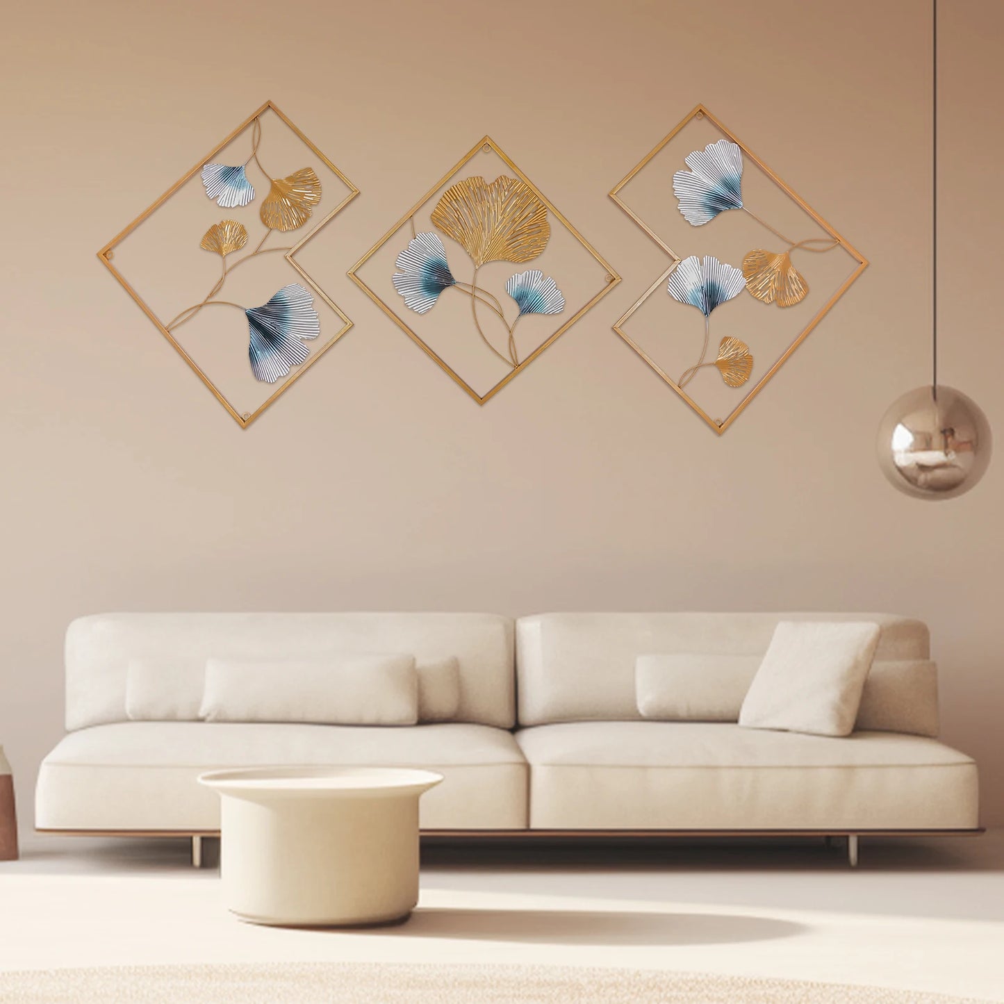 3PCS Metal Wall Art Hanging Sculpture Decor 3D Ginkgo Gold & Blue
