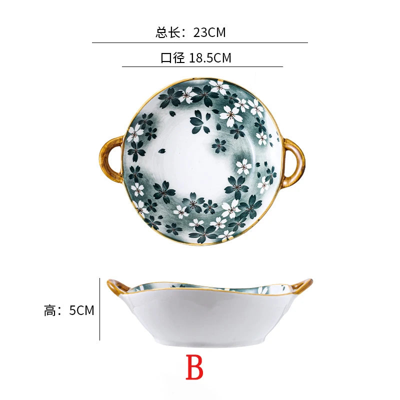 7.5inch Ceramic Ramen Bowl With Handle Japanese Style Flower Heat-resistant Soup Bowl Microwave Safe