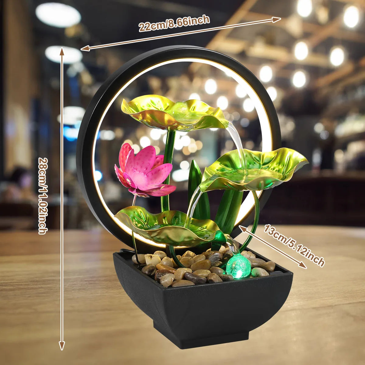 Water Fountain USB Powered Relaxation Desktop Waterfall With Natural Rocks And LED Ring Lights