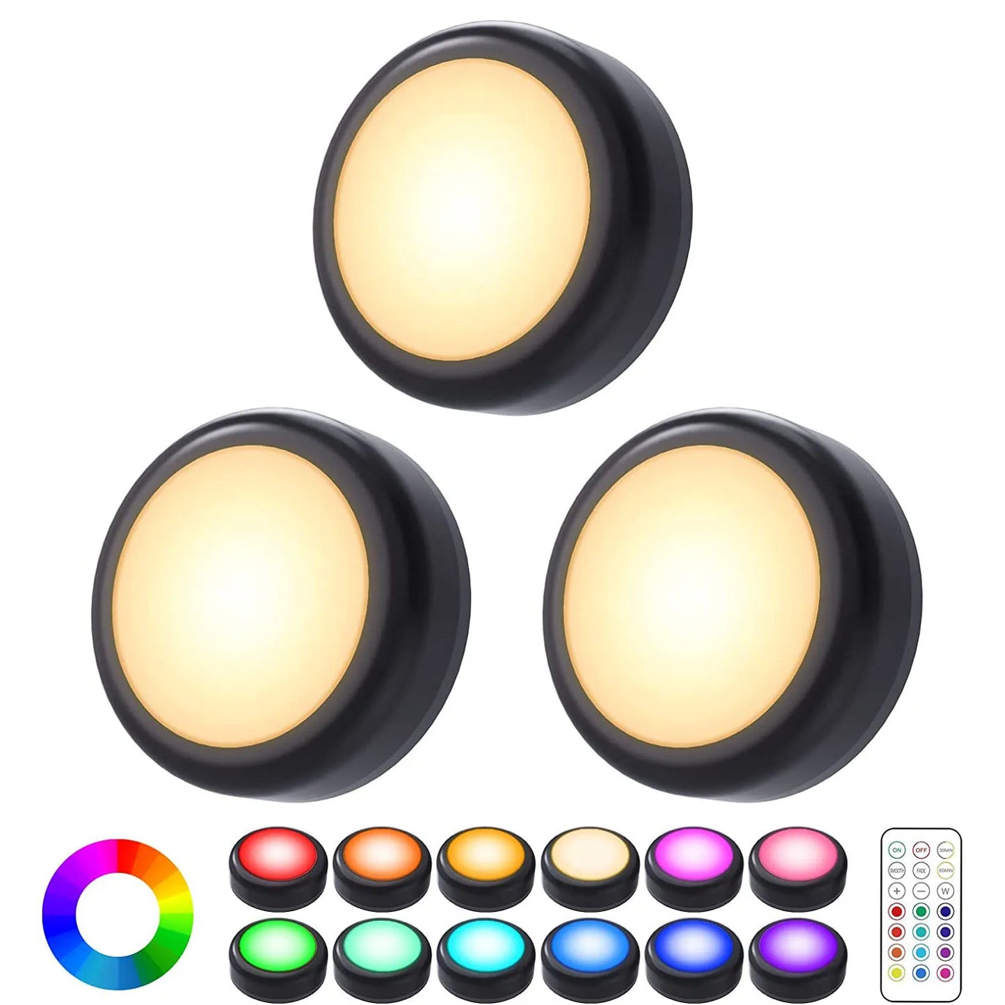 6Pcs RGBW LED Night Lights Remote Control Dimmable Under Cabinet Light Battery-Operated Wireless