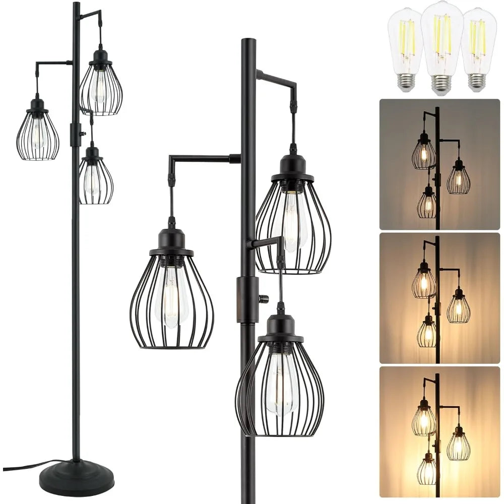 68.5” Dimmable Floor Lamp, Farmhouse Floor Lamps with Elegant Teardrop Cages, Rustic Floor Lamps Black Tall Vintage
