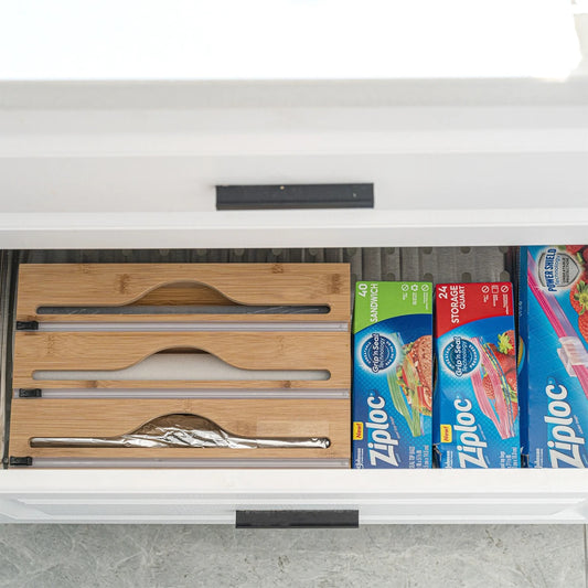 Wrap Dispenser with Foil & Cling Film Cutter Box, Bamboo Fresh Bag Cutting Holder