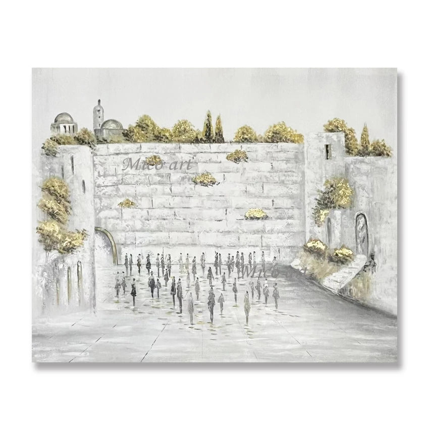 Abstract Oil Painting, Hand Painted Textured Canvas Art, Jerusalem Landscape Judaica, Artwork for Kosher Kitchen Decor