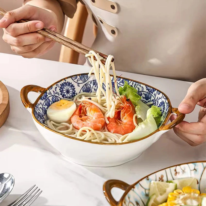 7.5inch Ceramic Ramen Bowl With Handle Japanese Style Flower Heat-resistant Soup Bowl Microwave Safe