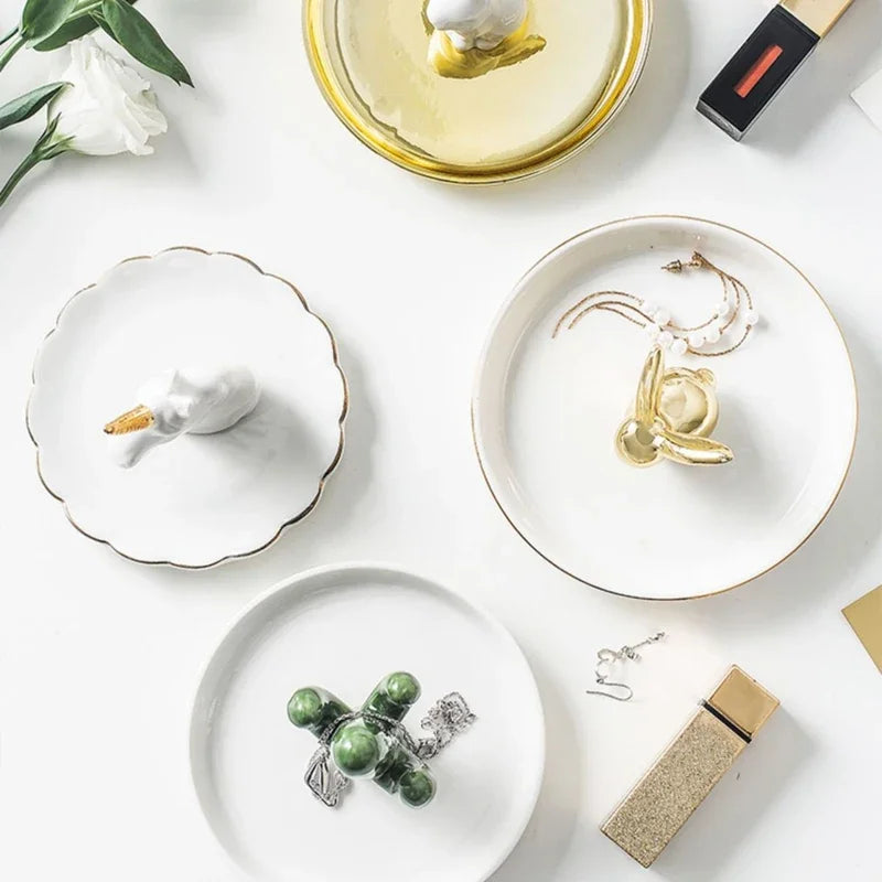 Nordic Ceramic Gold plating Jewelry Dish Storage Plates Dessert Display Bowl Decoration Tray
